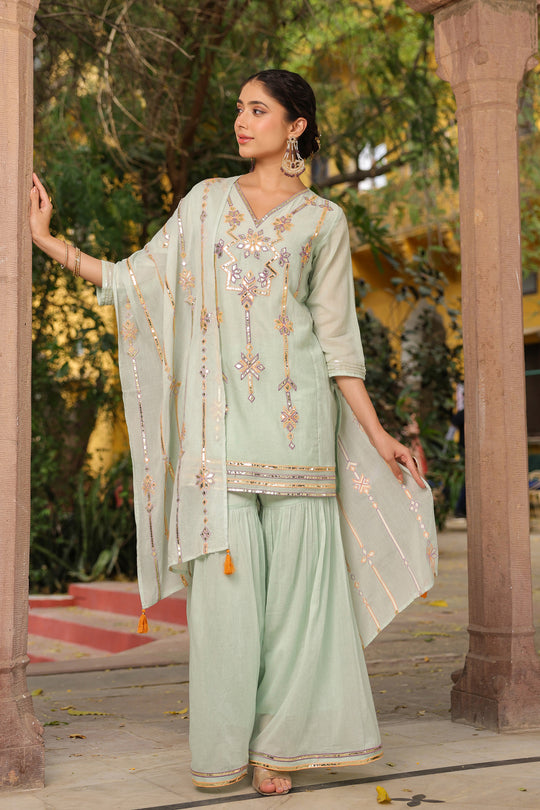 Light Green Embroidered Gota Patti Kurti & Sharara Set
