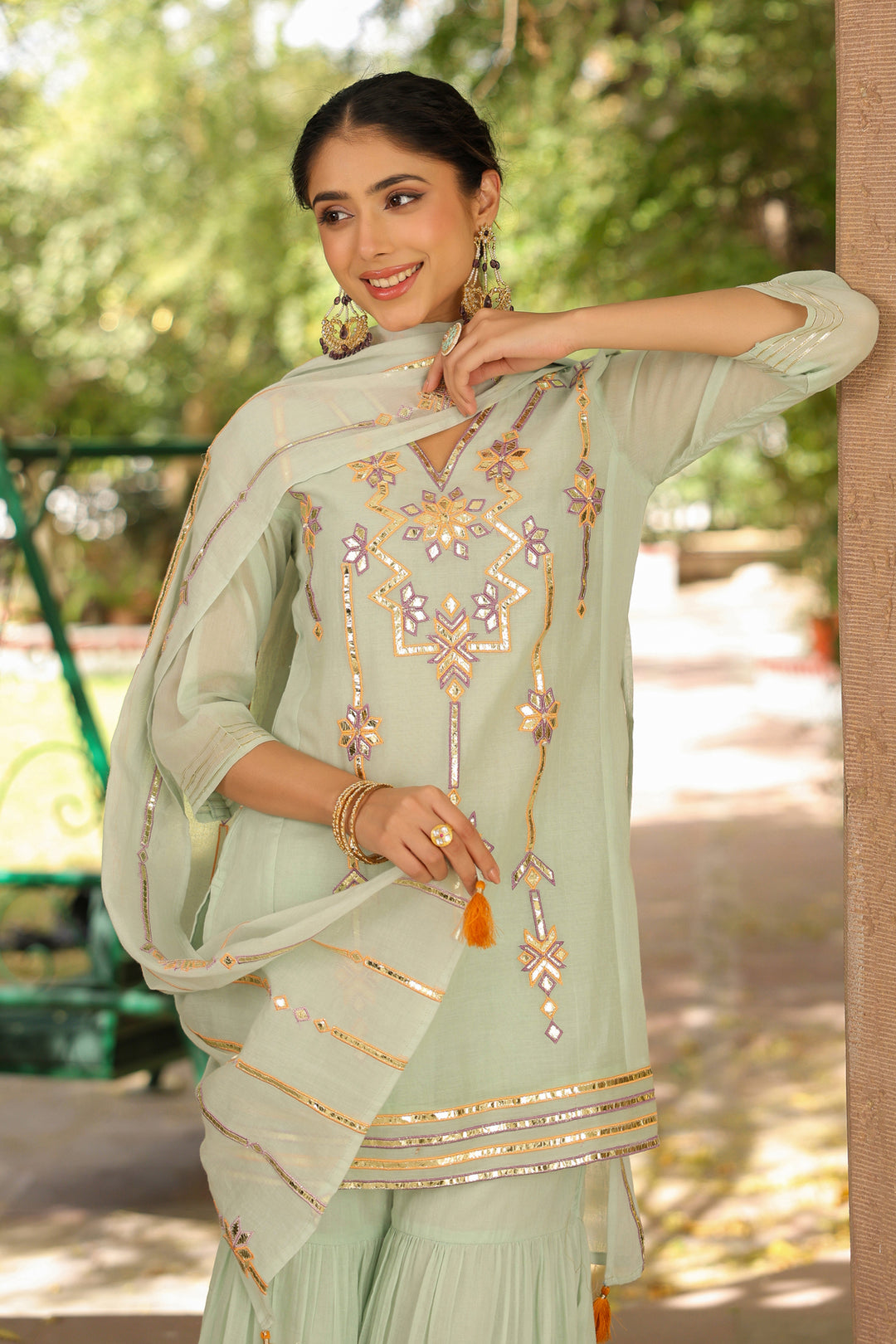 Light Green Embroidered Gota Patti Kurti & Sharara Set