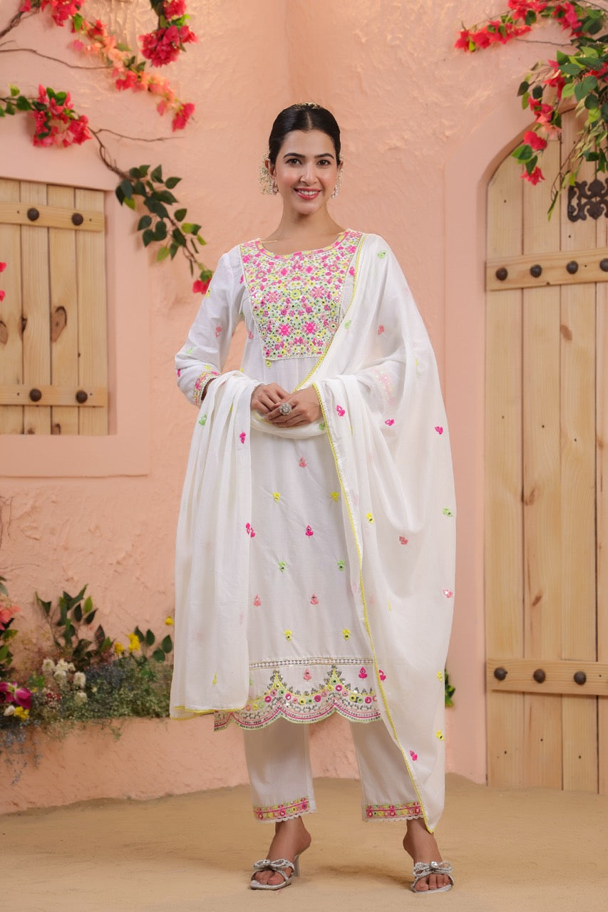 White Embroidered Straight Kurta Set