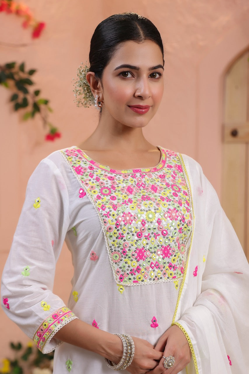 White Embroidered Straight Kurta Set