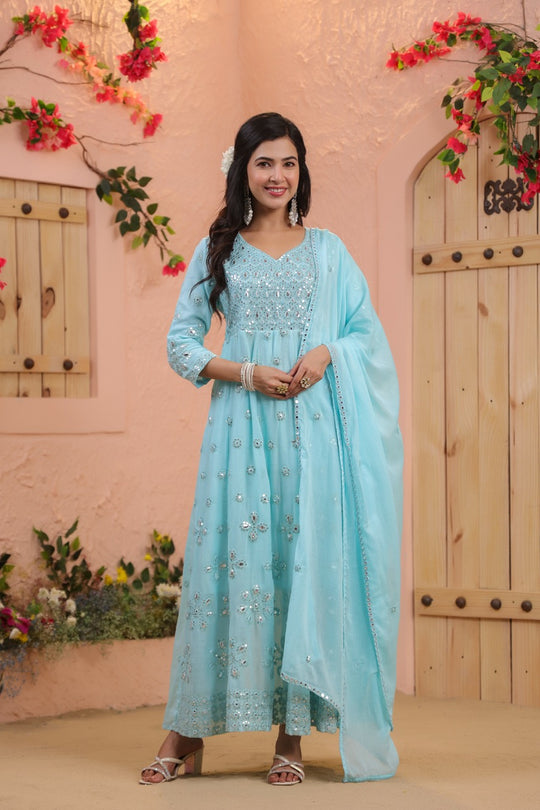 Blue Embroidered Pure Cotton Anarkali Kurta Set