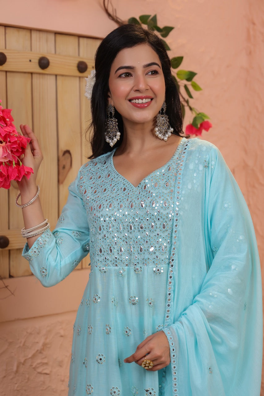 Blue Embroidered Anarkali Set