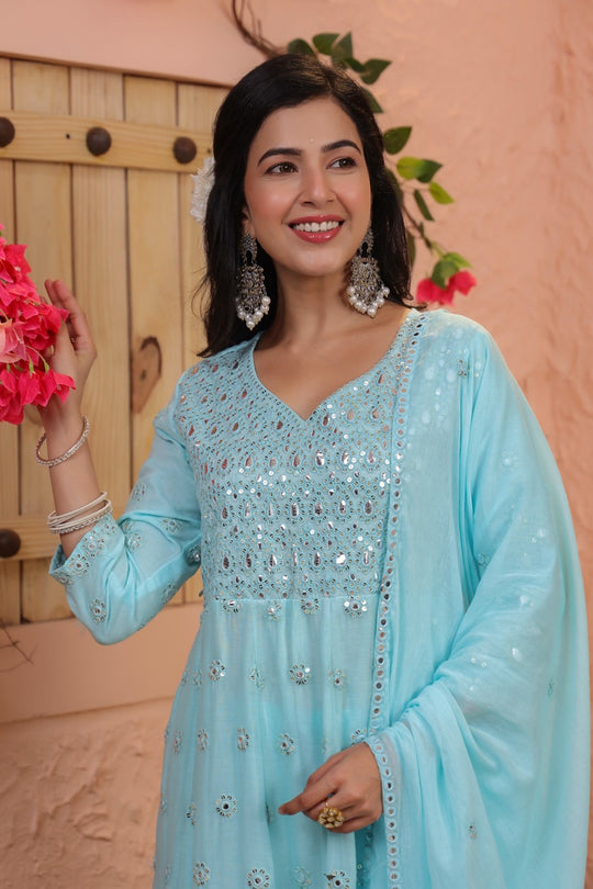 Blue Embroidered Pure Cotton Anarkali Kurta Set