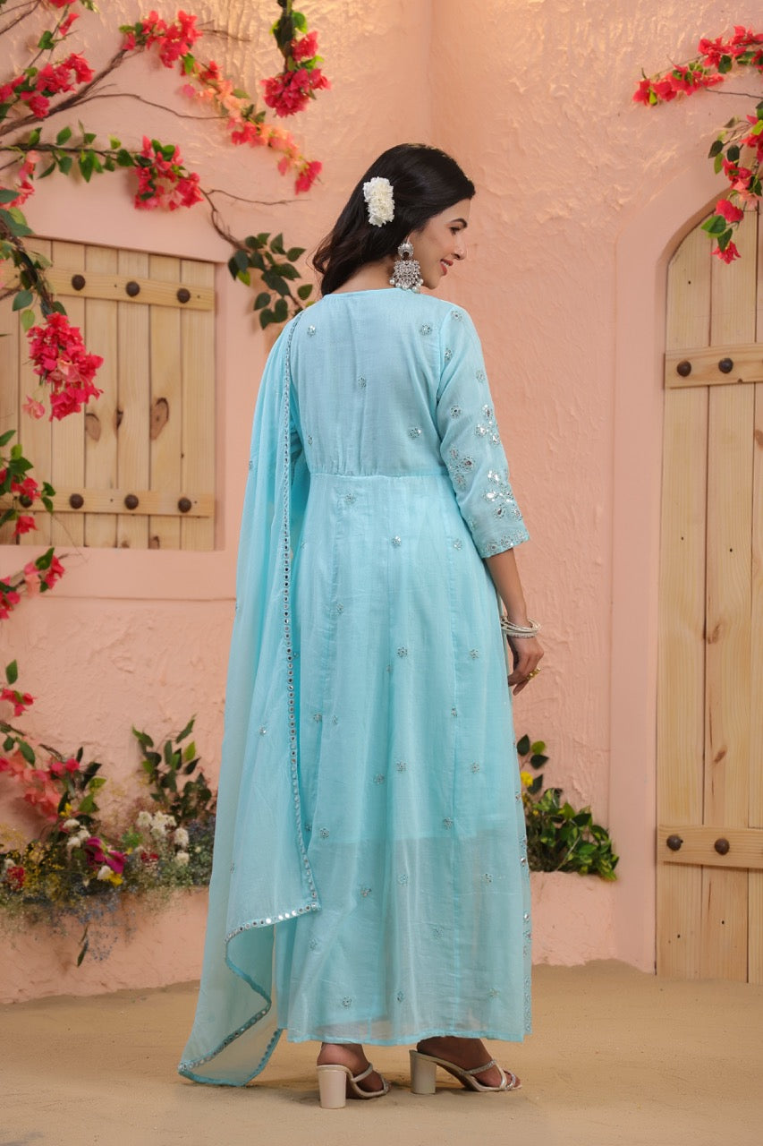 Blue Embroidered Pure Cotton Anarkali Kurta Set