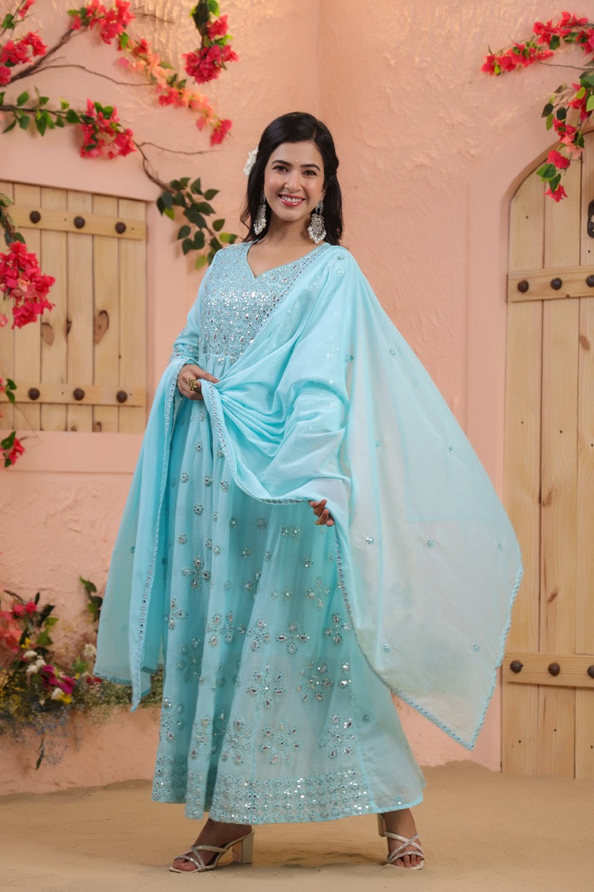 Blue Embroidered Pure Cotton Anarkali Kurta Set