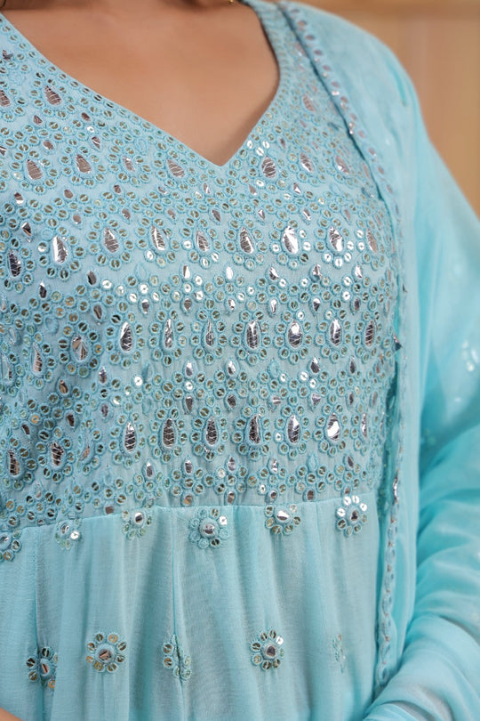 Blue Embroidered Pure Cotton Anarkali Kurta Set