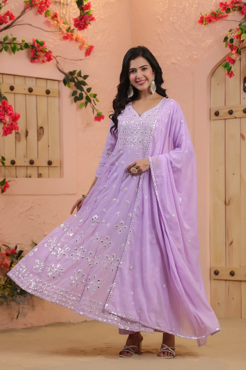 Lavender Embroidered Pure Cotton Anarkali Kurta Set