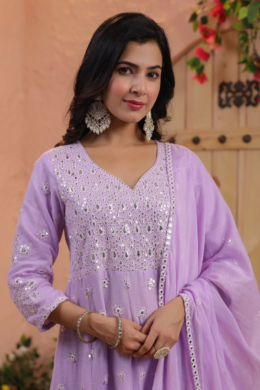 Lavender Embroidered Pure Cotton Anarkali Kurta Set