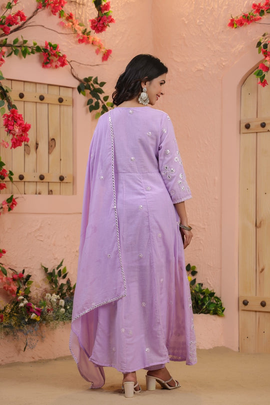 Lavender Embroidered Pure Cotton Anarkali Kurta Set