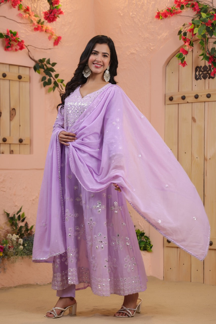 Lavender Embroidered Pure Cotton Anarkali Kurta Set