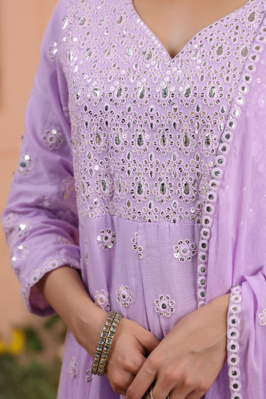 Lavender Embroidered Pure Cotton Anarkali Kurta Set