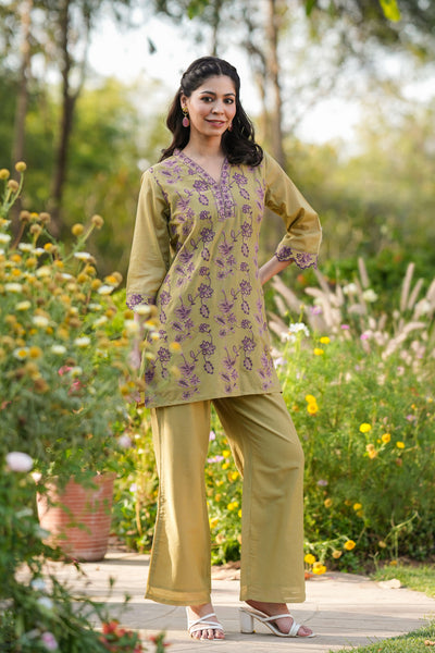 Olive Green Cotton Kurta Set for Women with Palazzo Pants