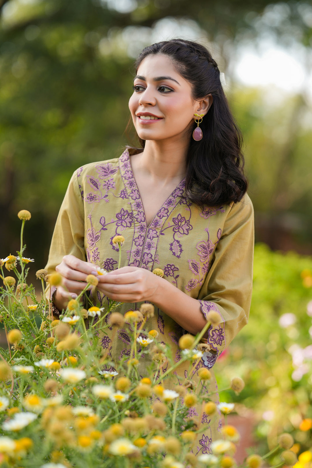 Olive Green Cotton Kurta Set for Women with Palazzo Pants