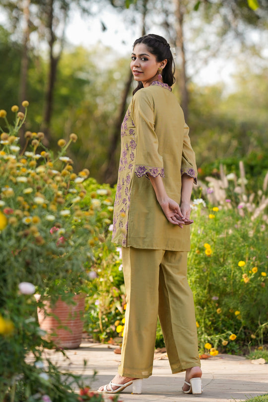 Olive Green Cotton Kurta Set for Women with Palazzo Pants