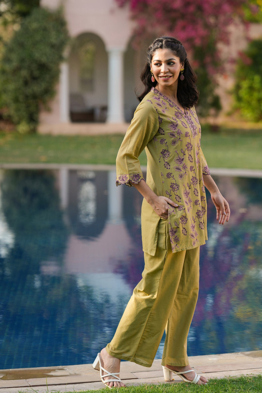 Olive Green Cotton Kurta Set for Women with Palazzo Pants