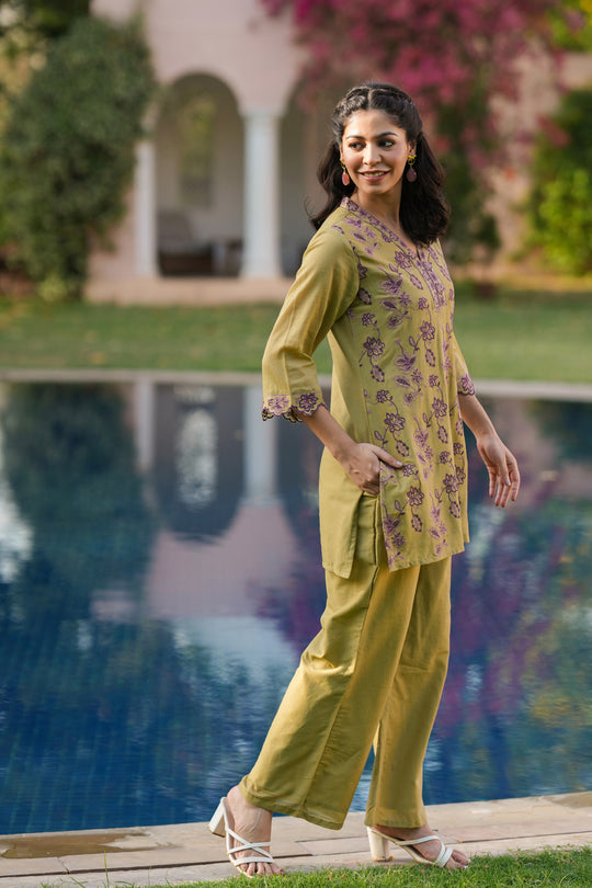 Olive Green Cotton Kurta Set for Women with Palazzo Pants