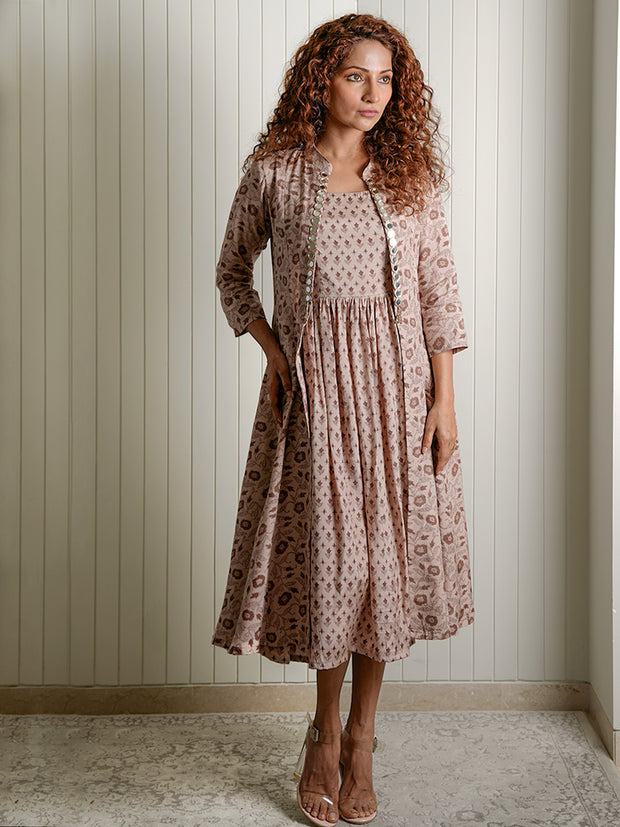 Brown Viscose Floral Jacket & Dress Set