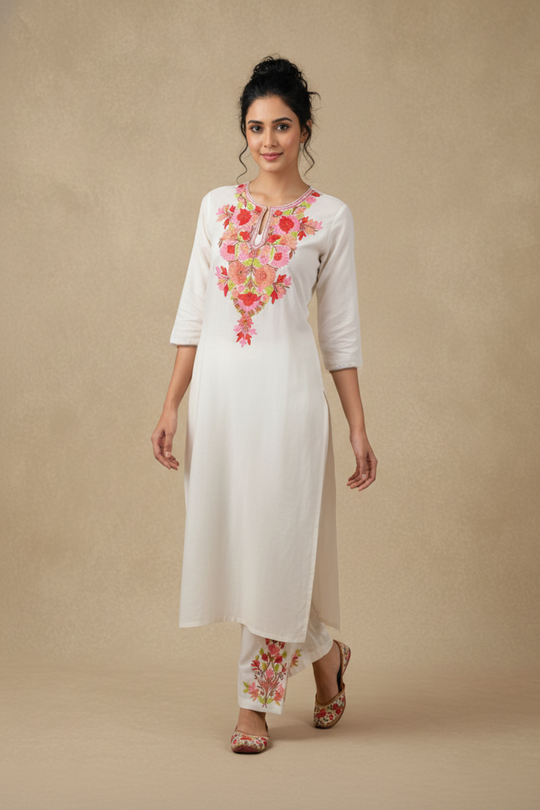 White Aari Embroidered Co-ord Set with Red Floral Motifs