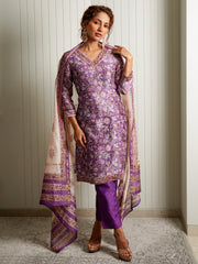 V-neck Purple Jaipuri suit with Gota Lace