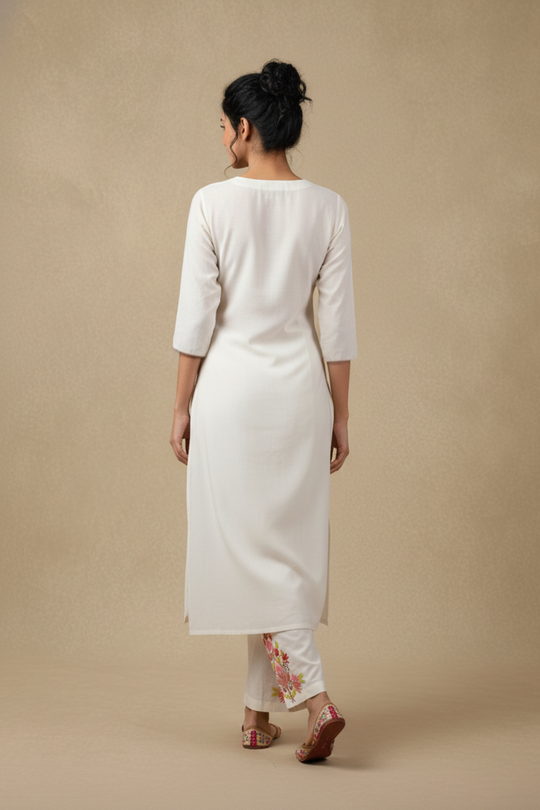 White Aari Embroidered Co-ord Set with Red Floral Motifs