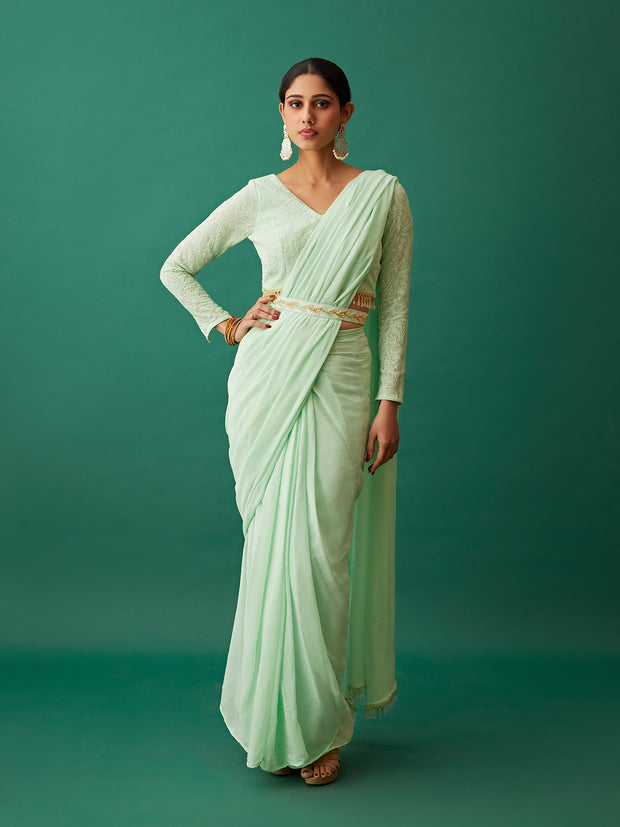Mint Green Pre-draped Saree and Blouse