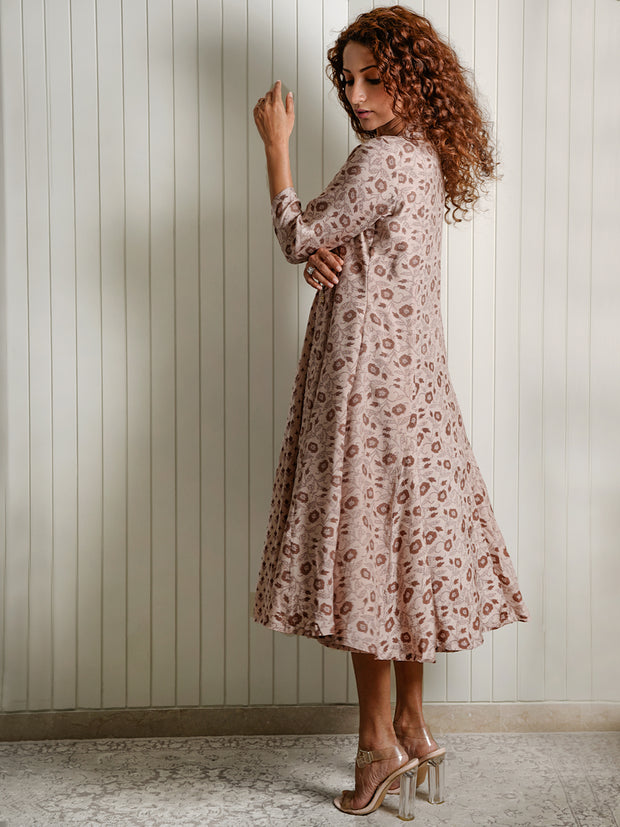 Brown Viscose Floral Jacket & Dress Set