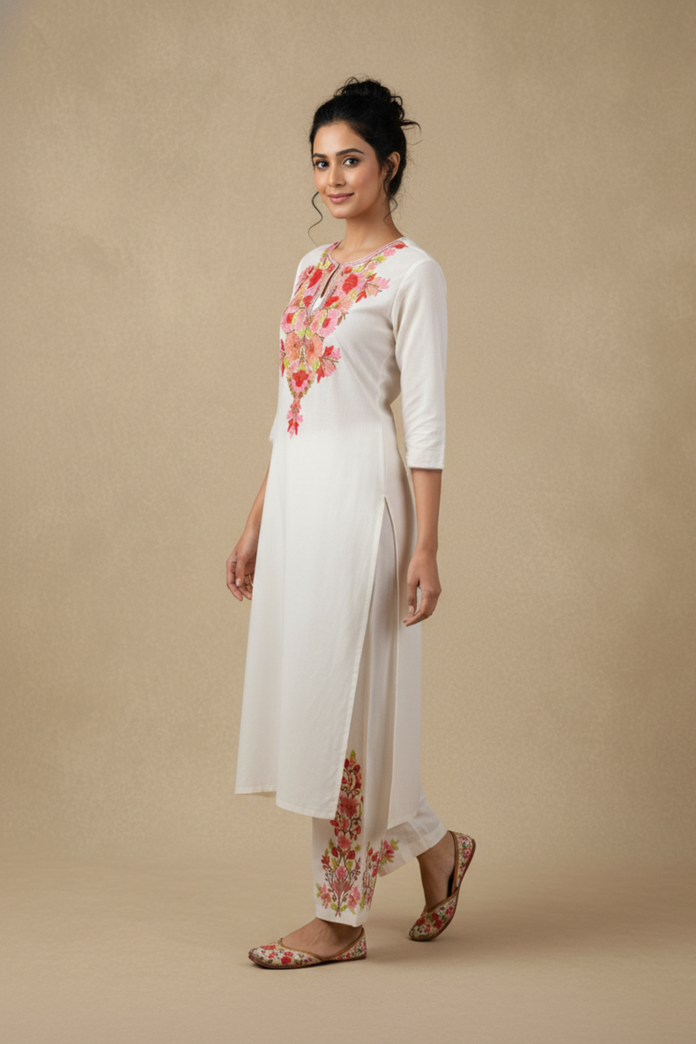 White Aari Embroidered Co-ord Set with Red Floral Motifs