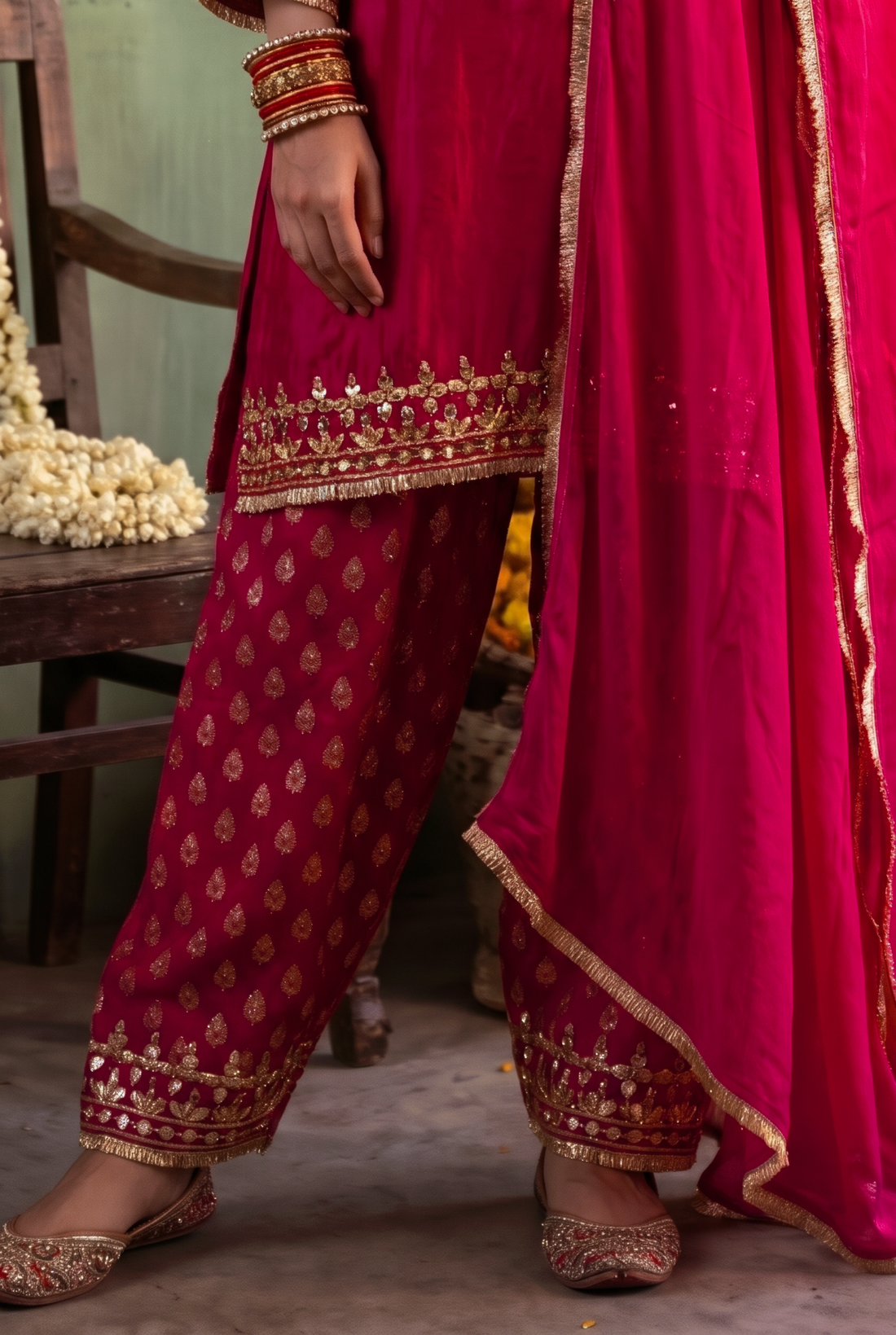 Rani Pink Mirror Work Kurta with Zari Printed Pants
