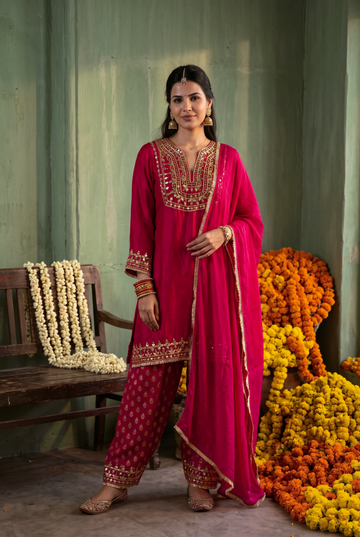 Rani Pink Mirror Work Kurta with Zari Printed Pants
