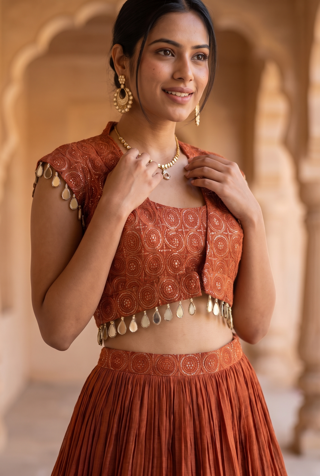 Orange Mirror Embellished Lehenga Set