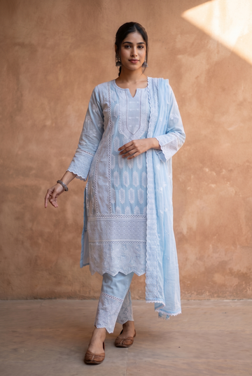 Pastel Blue Cotton Straight-Cut Embroidered Kurta with White Lace Detailing, Matching Pants & Dupatta – 3-Piece Set
