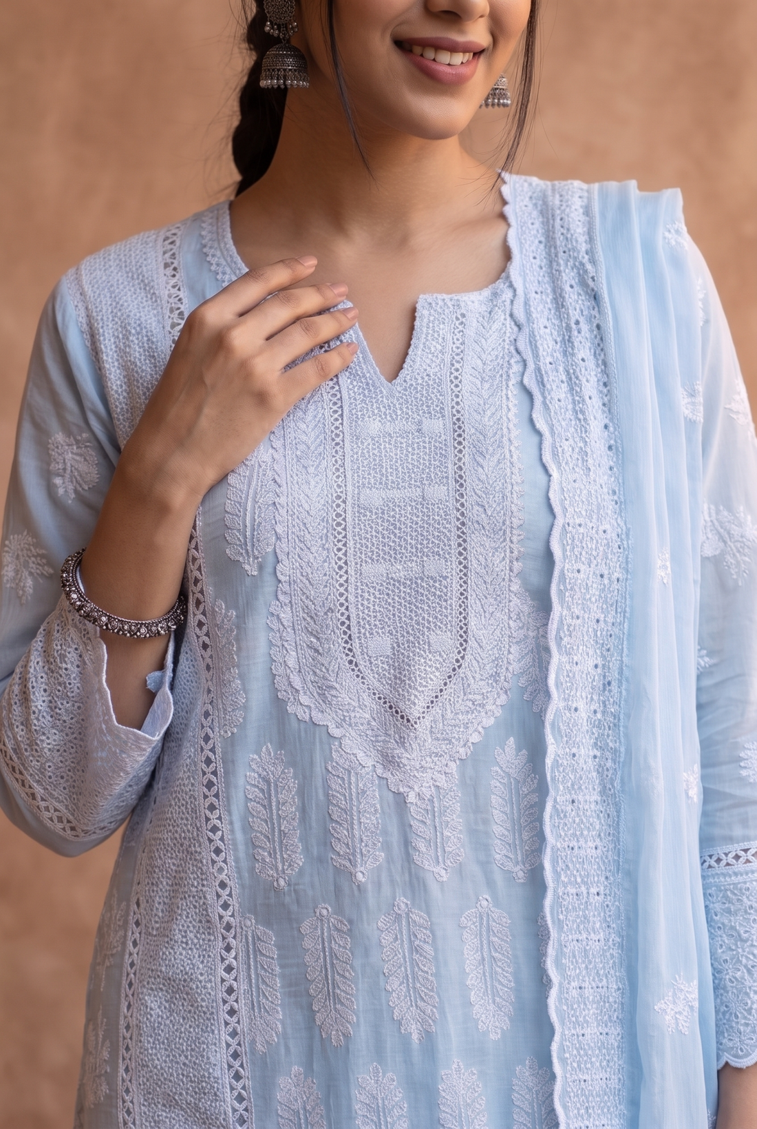 Pastel Blue Cotton Straight-Cut Embroidered Kurta with White Lace Detailing, Matching Pants & Dupatta – 3-Piece Set