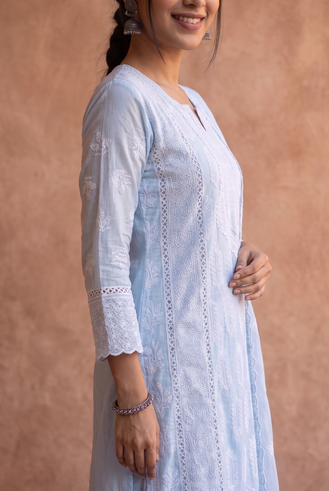 Pastel Blue Cotton Straight-Cut Embroidered Kurta with White Lace Detailing, Matching Pants & Dupatta – 3-Piece Set