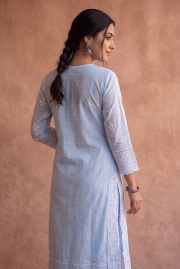 Pastel Blue Cotton Straight-Cut Embroidered Kurta with White Lace Detailing, Matching Pants & Dupatta – 3-Piece Set