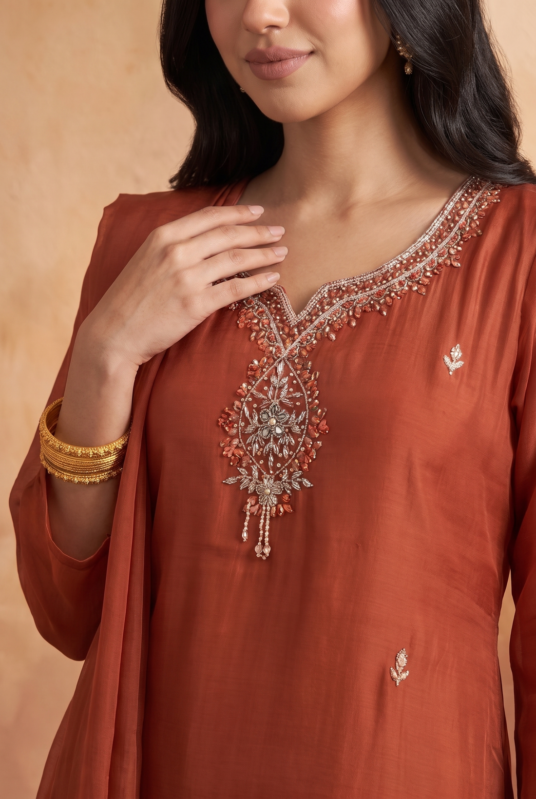 Rust Orange Embroidered Straight-Cut 3-Piece Pant Set with Dupatta