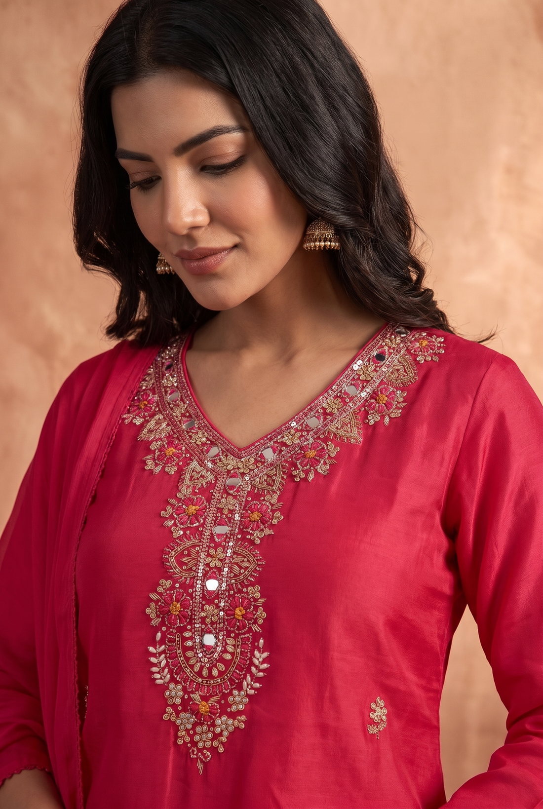 Rani Pink Mulchanderi Anarkali 3-Piece Suit with Embroidered Kurta, Pants & Dupatta