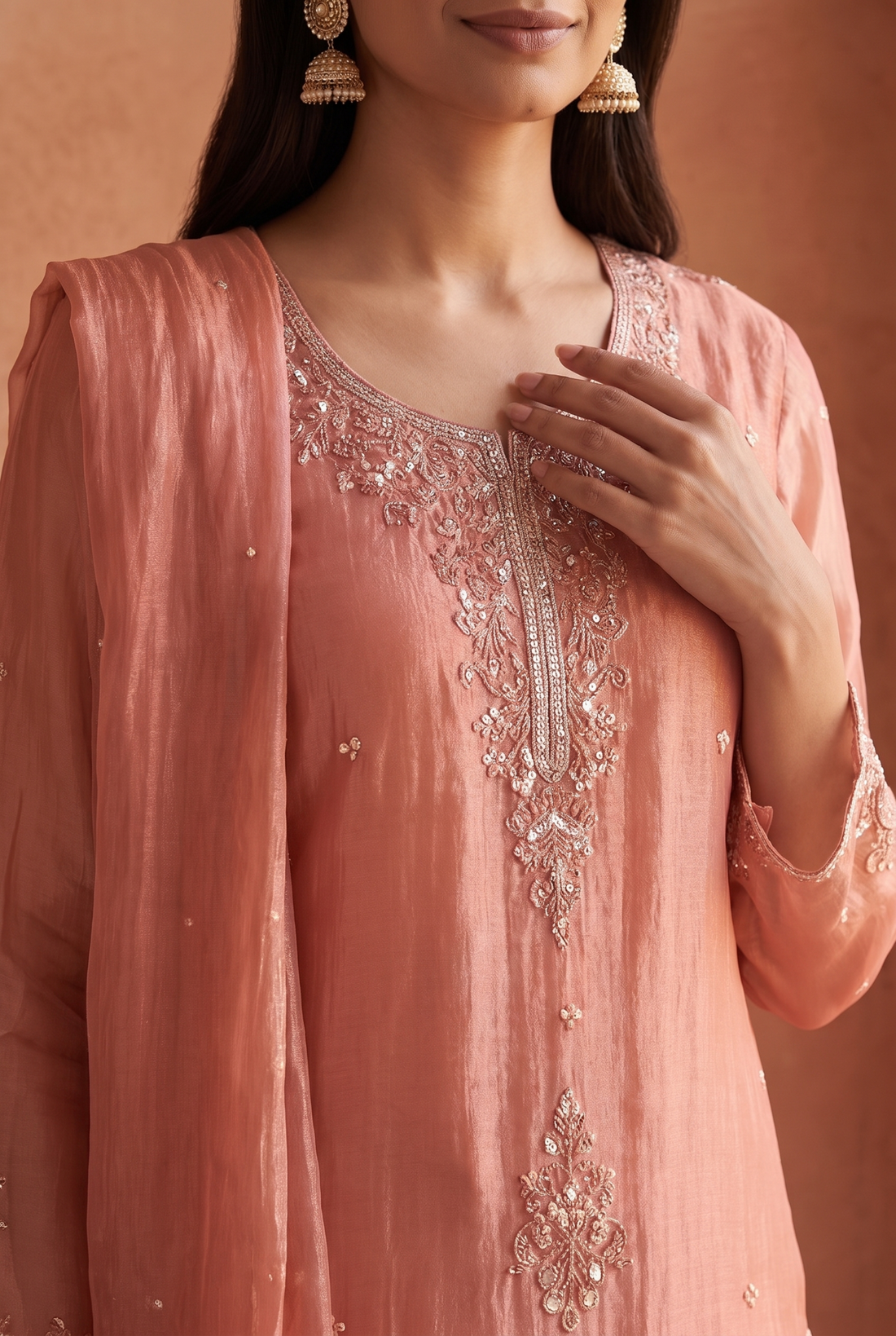 Peach 3 piece suit set with heavy work on front