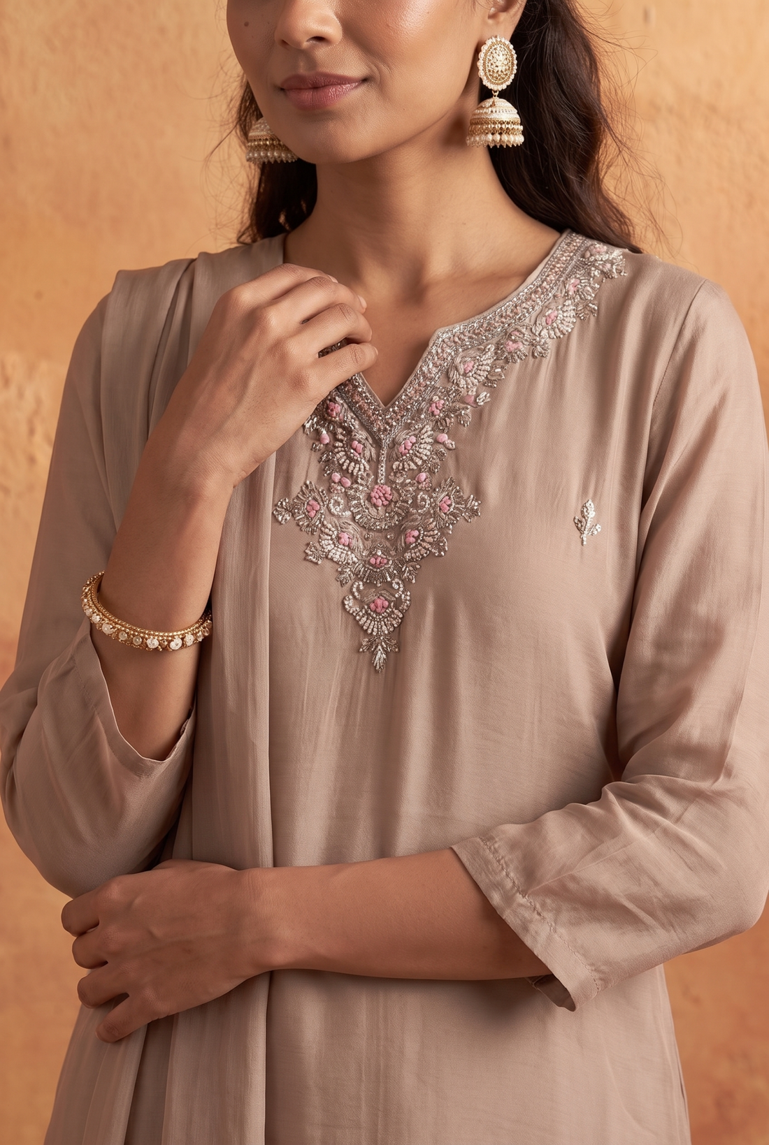 Grey Embroidered Kurta with Palazzo & Dupatta