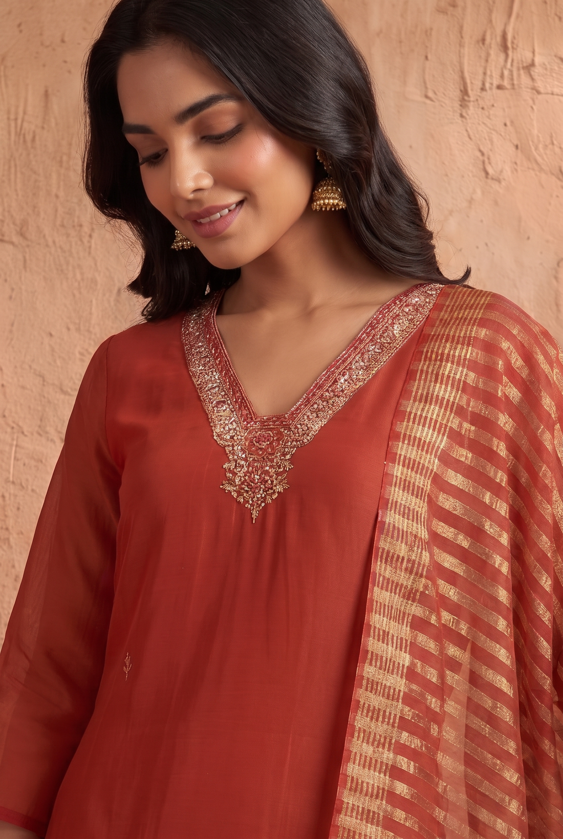 Orange 3 piece Suit set  with work on neckline