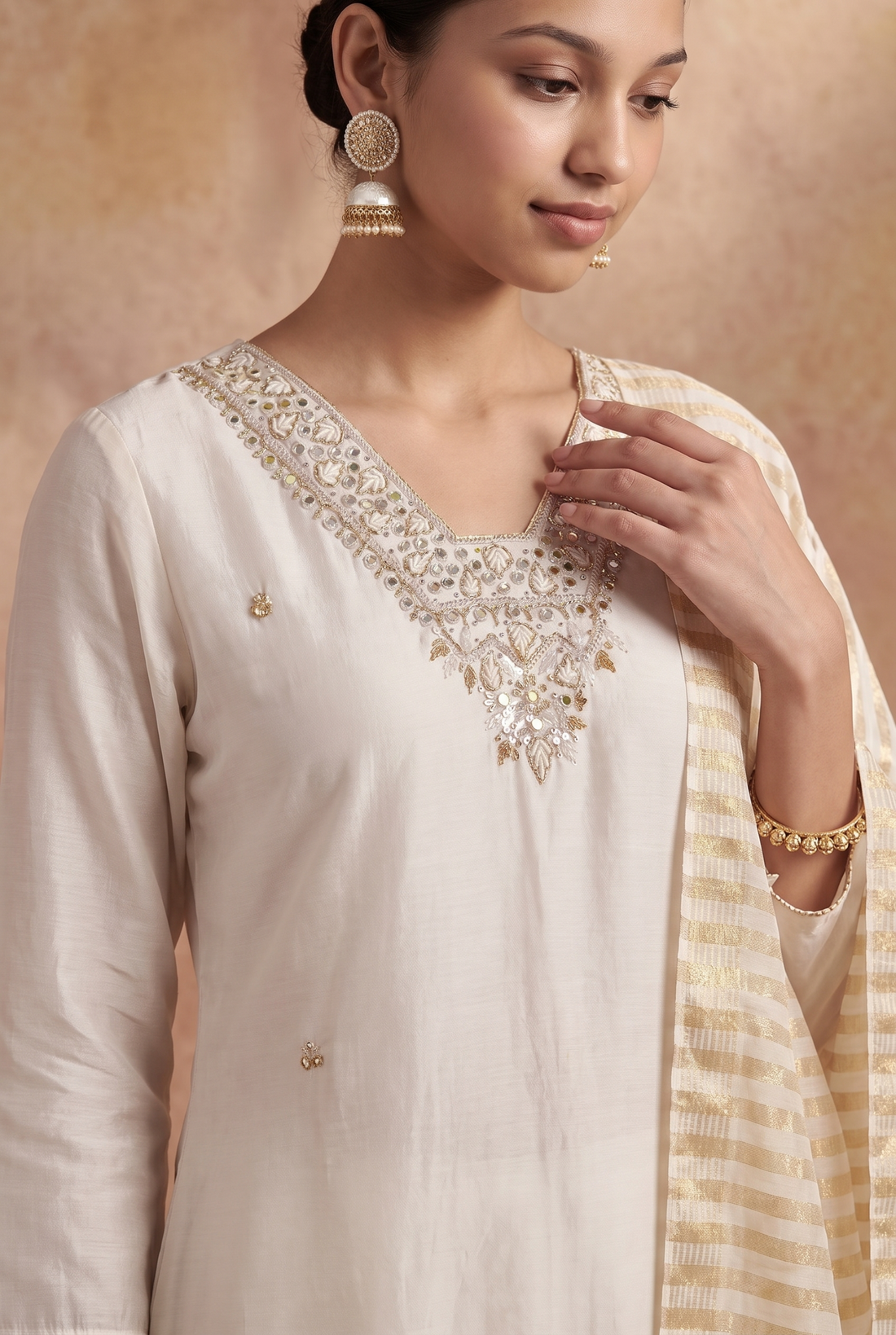 Ivory White Straight-Cut Embroidered 3-Piece Pant Set with Striped Dupatta