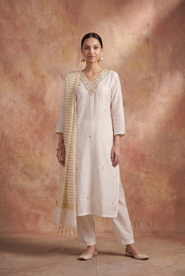 Ivory White Straight-Cut Embroidered 3-Piece Pant Set with Striped Dupatta