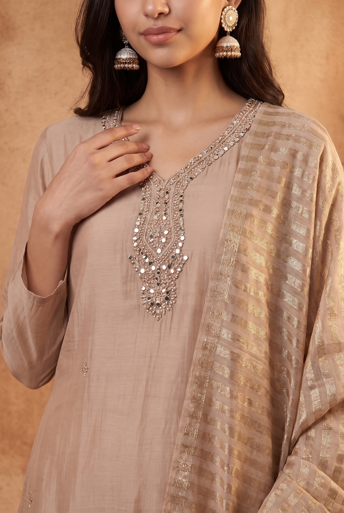 Beige Mulchanderi Anarkali 3-Piece Suit with Embroidered Kurta, Pants & Dupatta