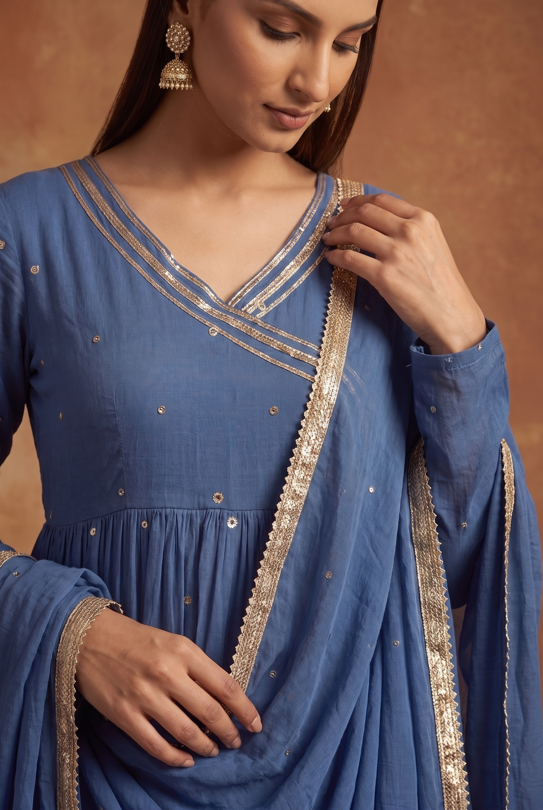 Blue Layered Anarkali Set with Gota Patti Border