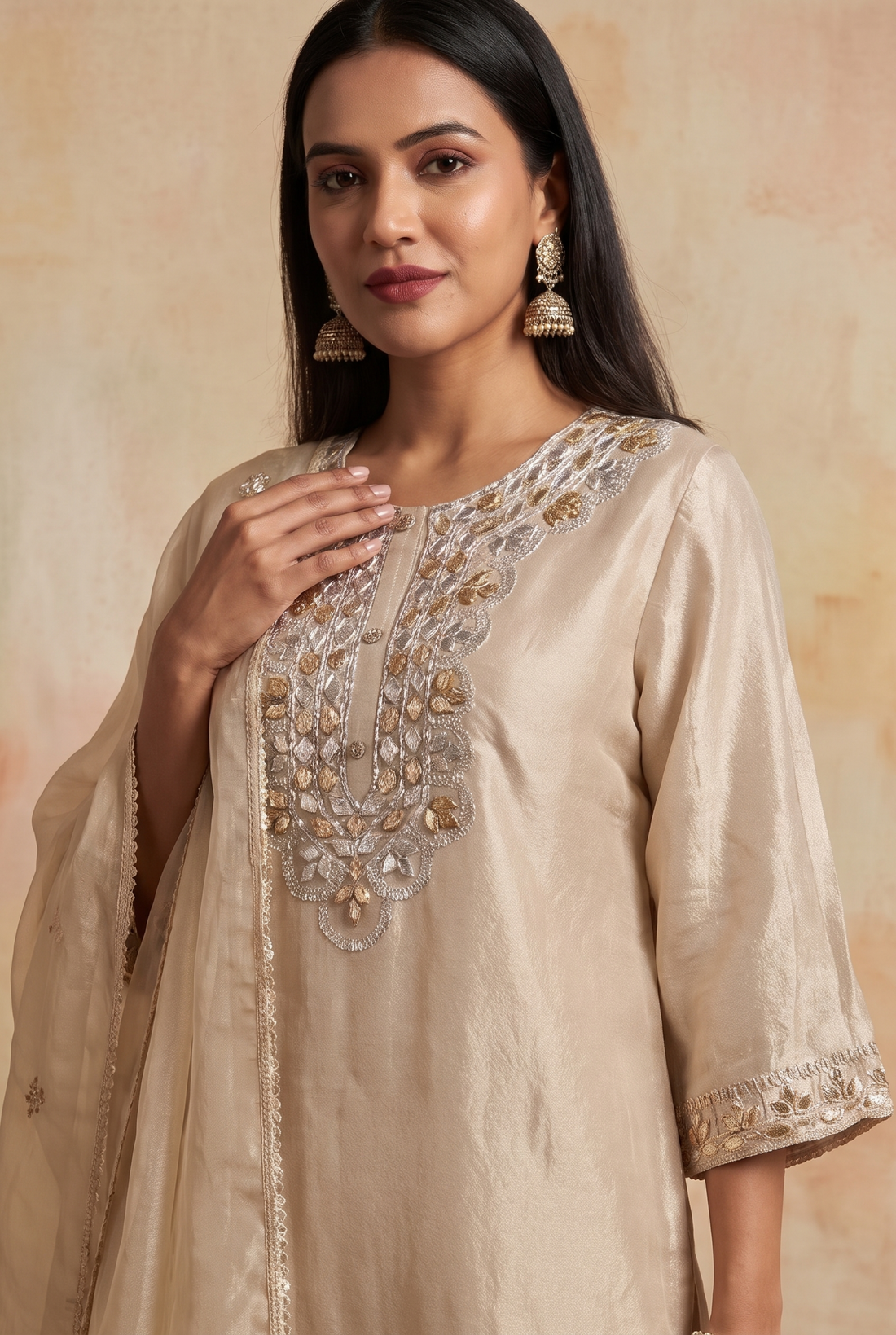 Beige Gota Patti Work Kurta Pant Set with Dupatta