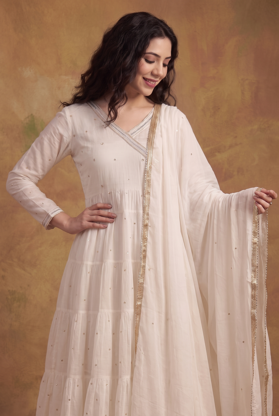 Ivory Sequin Embroidered Anarkali Suit Set with Dupatta