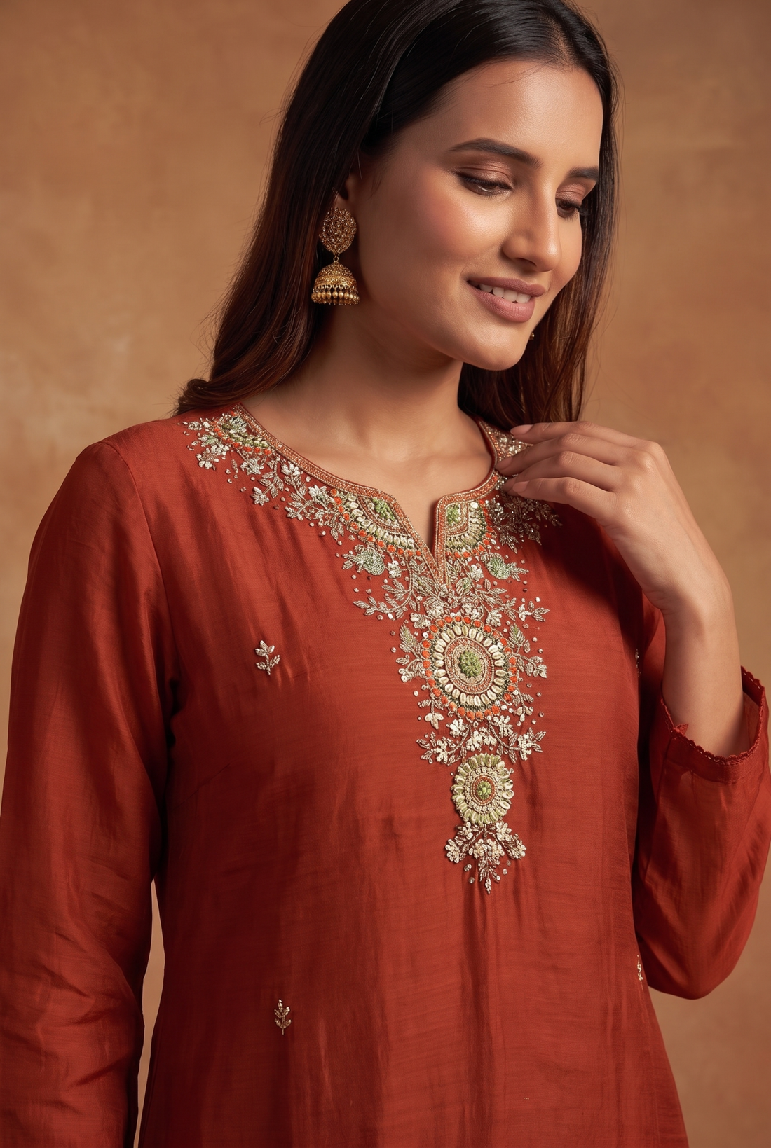 Rust Embroidered Kurta Pant Set with Dupatta