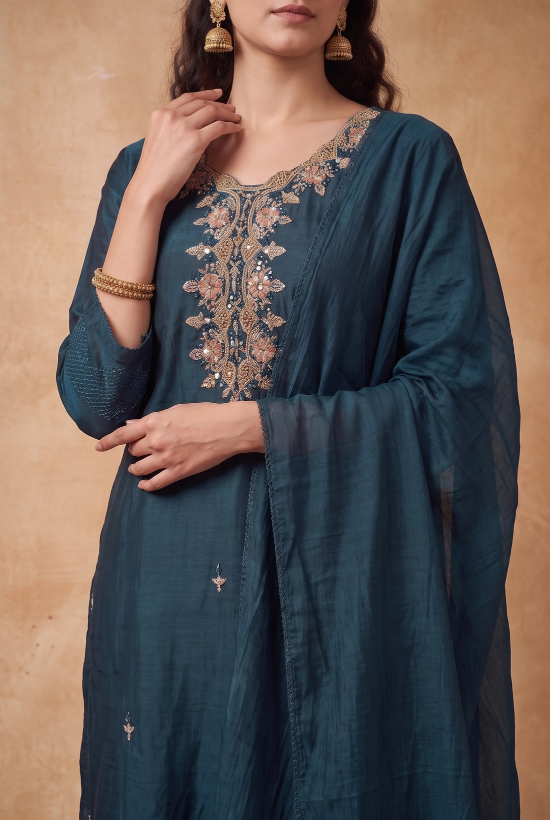 Teal Blue Embroidered Kurta Pant Set with Dupatta