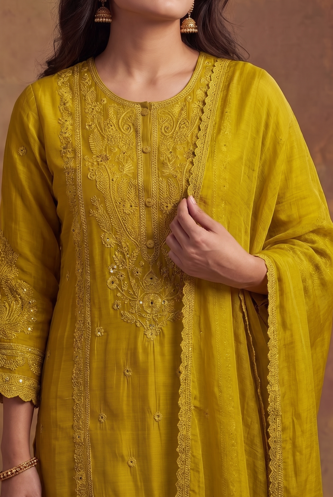 Green Round Neck Kurta Set with Embroidered Dupatta