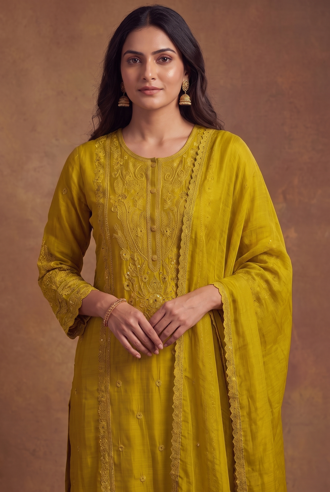 Green Round Neck Kurta Set with Embroidered Dupatta