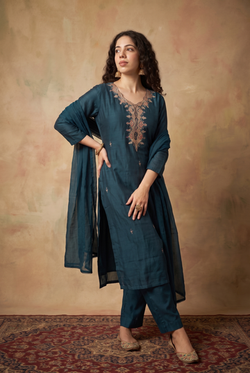 Teal Blue Embroidered Kurta Pant Set with Dupatta